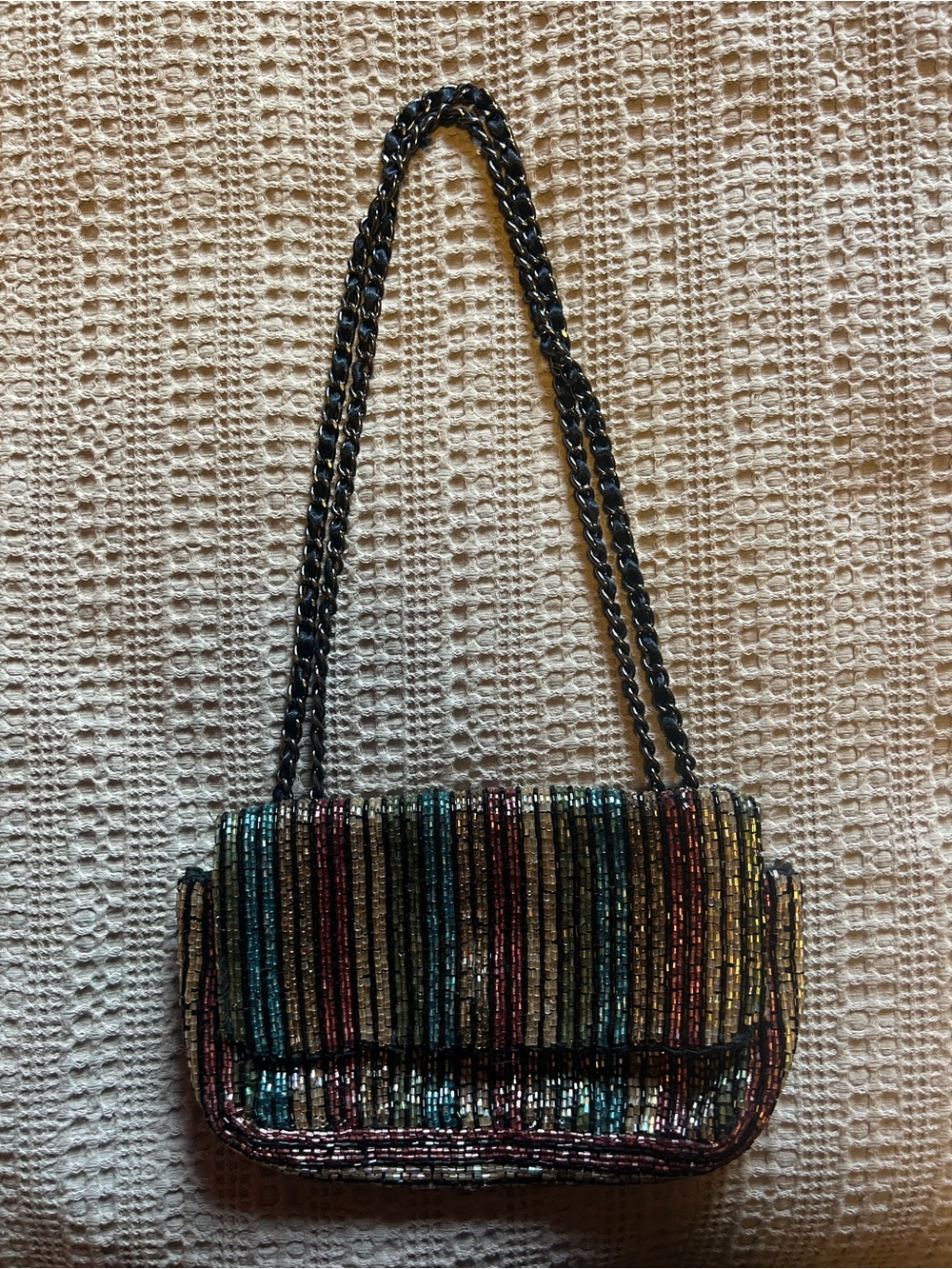 Zara Beaded Multicolor Shoulder Bag - Black Chain Strap